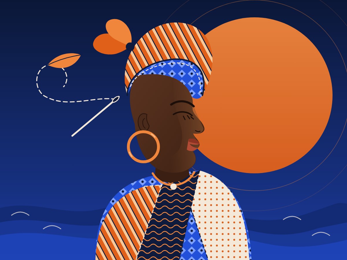 Ilustração de uma mulher negra de turbante e vestido de retalhos diante do sol e do mar